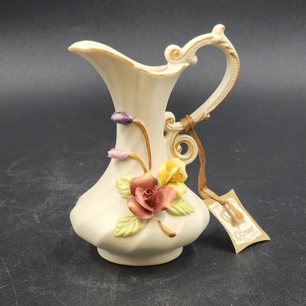 Arnart Ivory Bisque Porcelain Ewer Vase Pitcher Raised Roses 5" Vintage Japan